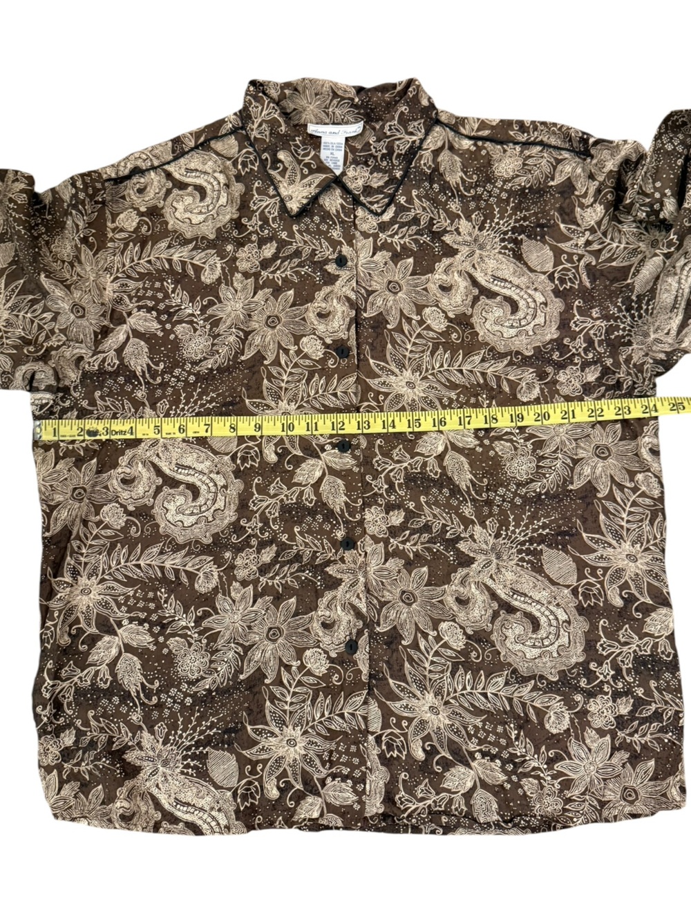 Vintage Anna & Frank Silk Paisley Floral Blouse XL Brown Tan Contrast Piping - Picture 12 of 15